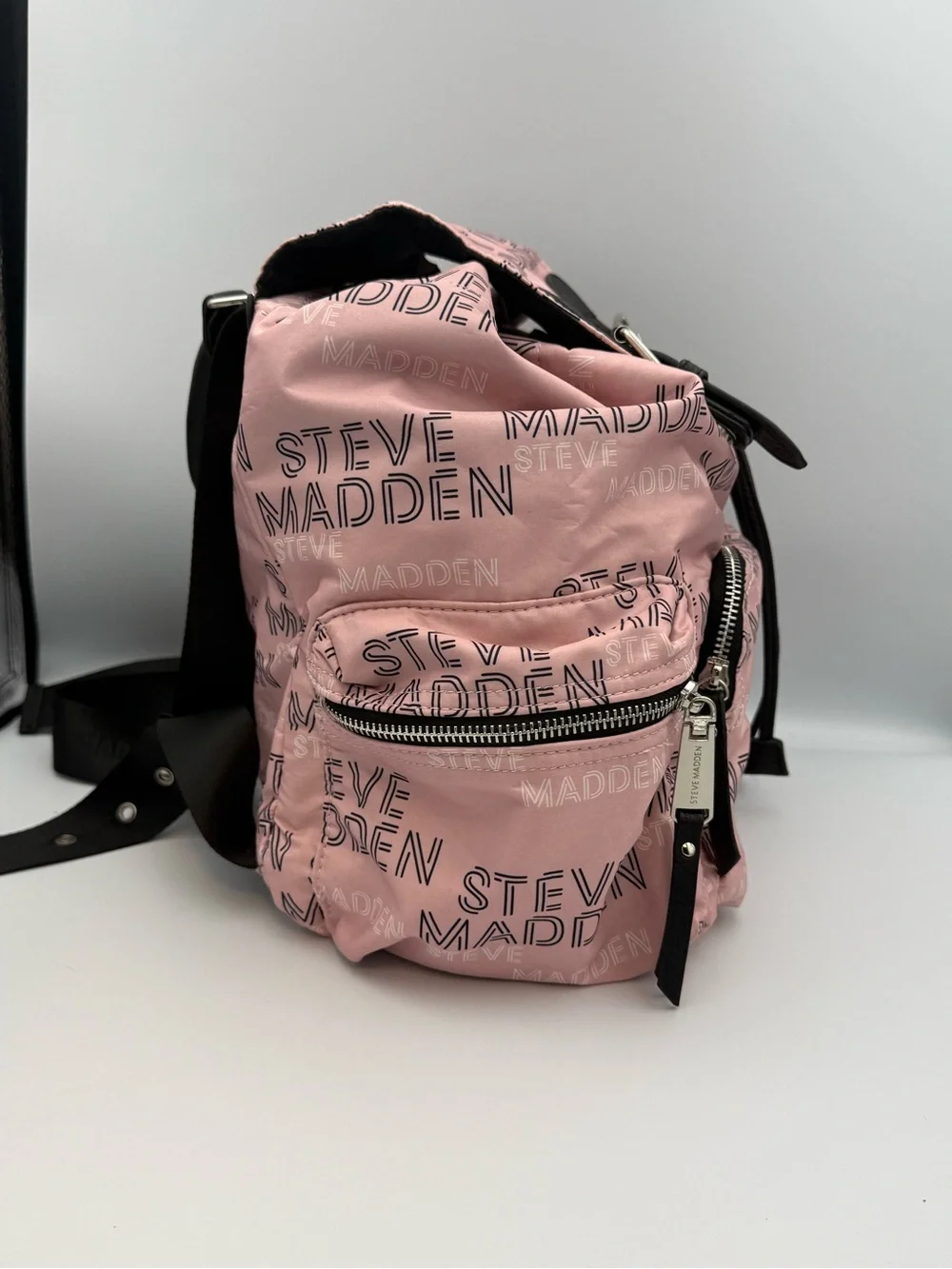 Steve Madden Pink Nylon Mini Backpack All Over Logo Spellout Drawstring Flap
